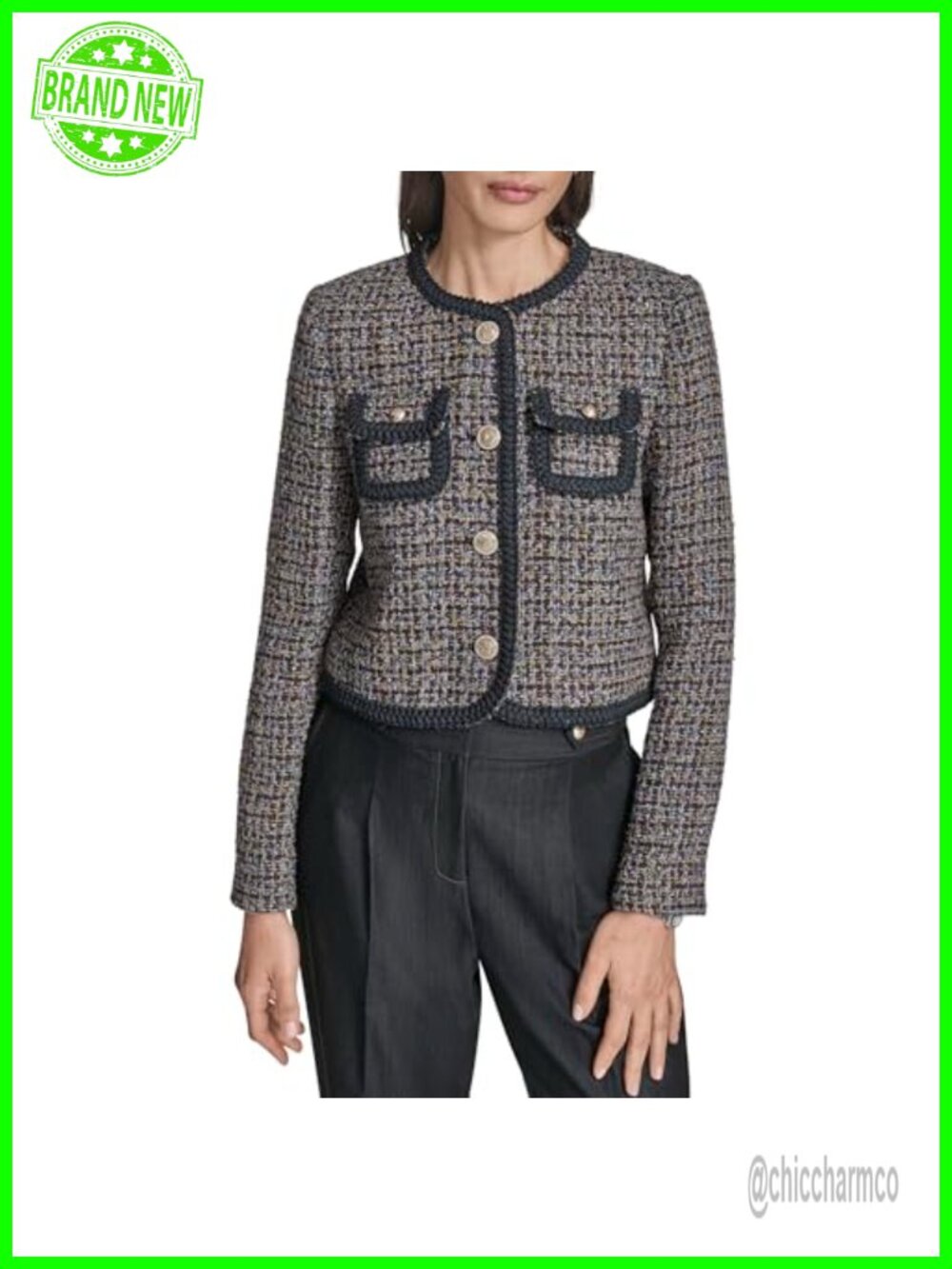 Long Sleeve Novelty Tweed Cropped Button Front Jacket